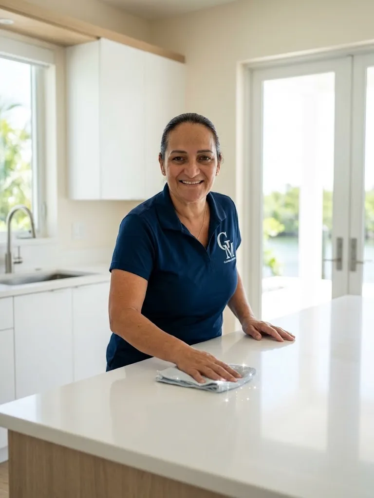 Cleaning Services GM team member wiping a kitchen counter in a Florida Keys home